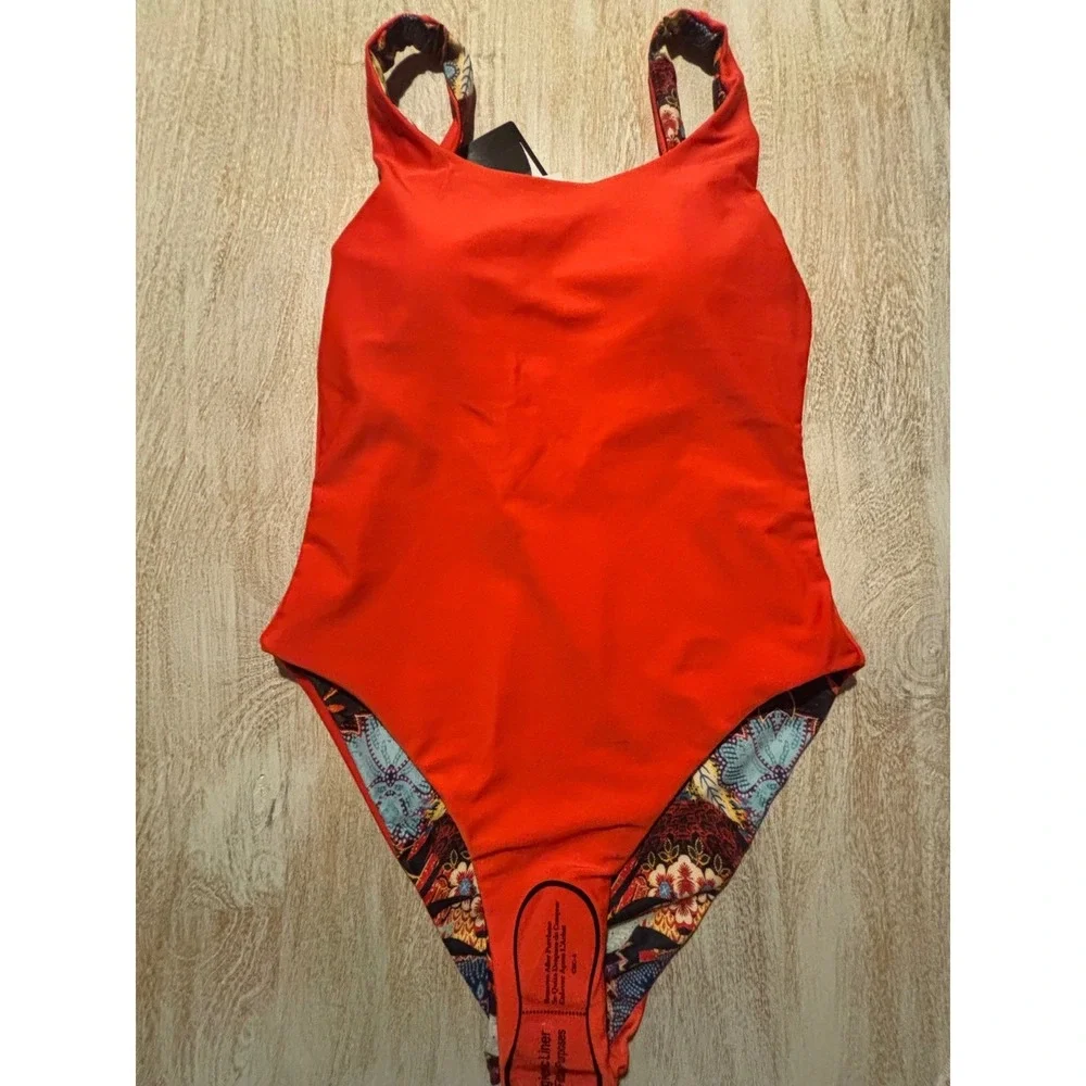 NWT Attitudes by Renee‎ One Piece Swimsuit Womens XS Orange Reversible Floral